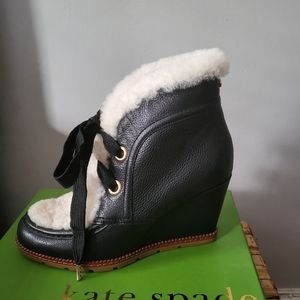 NWOT. New Kate Spade NY Sandy Black leather shearling ankle boots/wedges